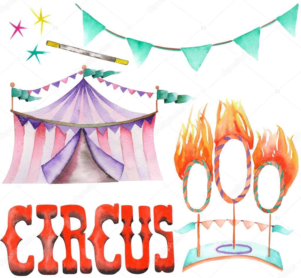 A watercolor circus set with the hand drawn elements: a garland of flags, fire rings and circus tent. Painted on a white background.
