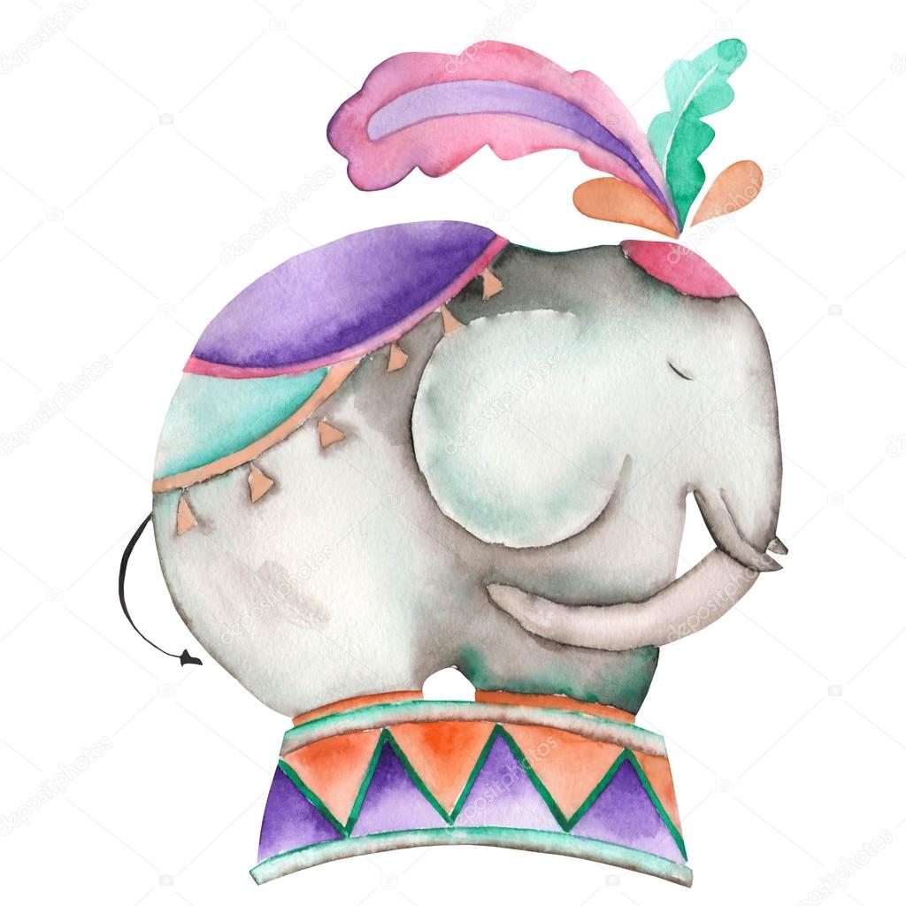 An illustration of a circus elephant painted in watercolor on a white background
