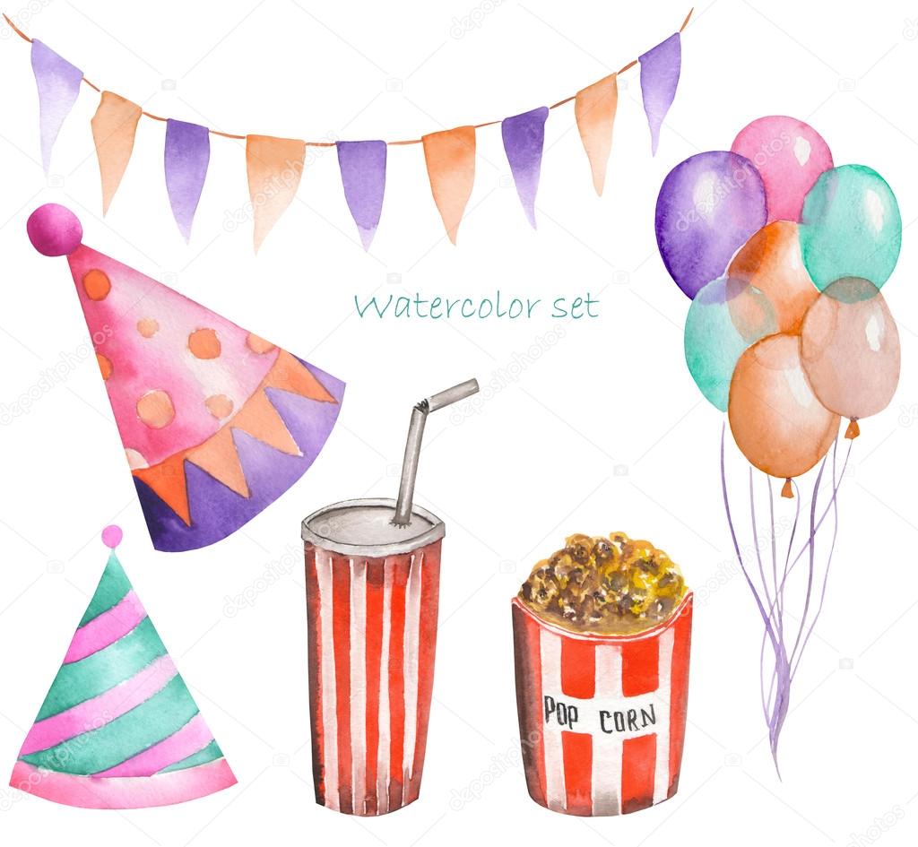 Watercolor party and circus set in the form of garland of the flags, pop corn, air balloons and party hats