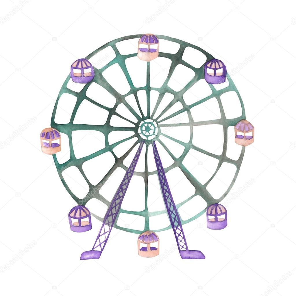 An illustration of a Ferris wheel painted in watercolor on a white background