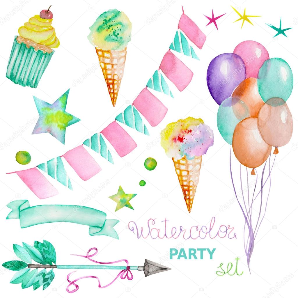 Watercolor party set in the form of garland of the flags, ice cream, air balloons, arrow, ribbon and stars