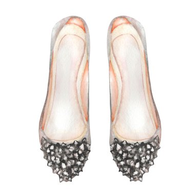 Illustration grey women's ballet shoes inlaid stones. Painted hand-drawn in a watercolor on a white background. clipart