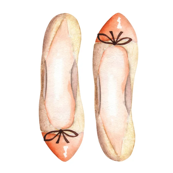 Ilustração sapatos de balé das mulheres marrons com um arco. Pintado à mão desenhado em uma aquarela em um fundo branco . — Fotografia de Stock