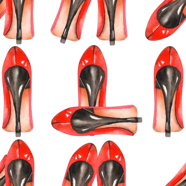Um padrão de aquarela sem costura com sapatos vermelhos das mulheres nos saltos . — Fotografia de Stock