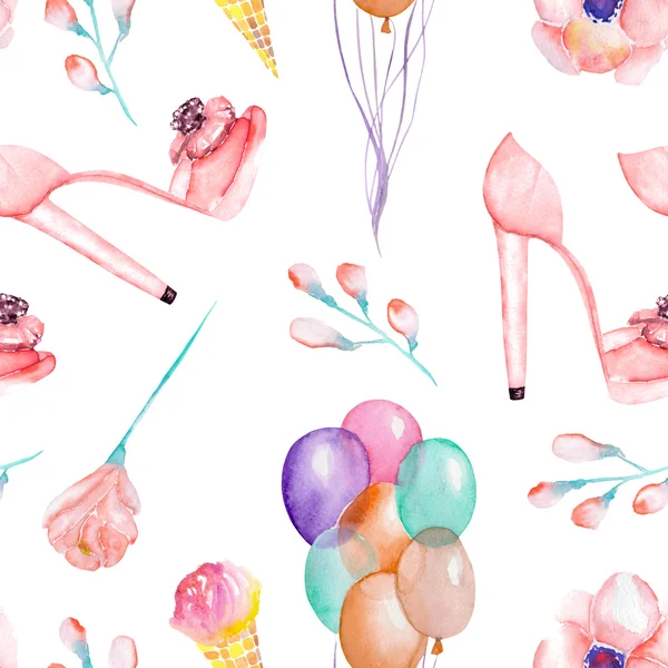 A seamless watercolor pattern with the women's romantic elements: pink ice cream, rose flower, air balloons and woman pink shoes on the heels. — Stock Photo, Image