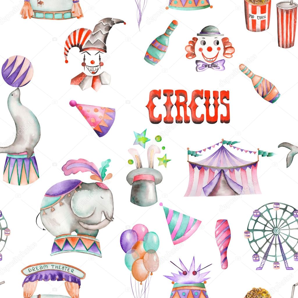 A seamless pattern with the watercolor retro circus elements: air balloons, pop corn, circus tent (marquee), ice cream, circus animals, clowns, Ferris wheel and other. Painted on a white background