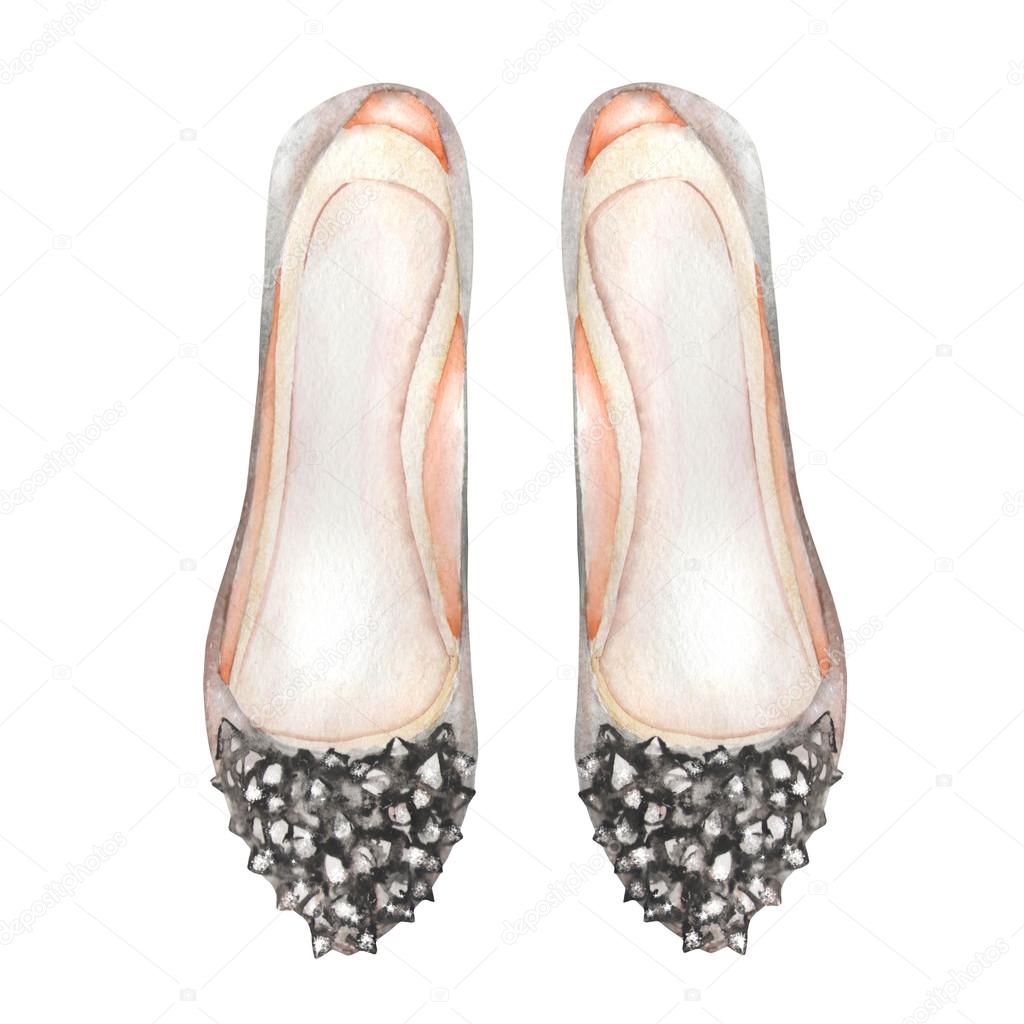 Illustration grey women's ballet shoes inlaid stones. Painted hand-drawn in a watercolor on a white background.