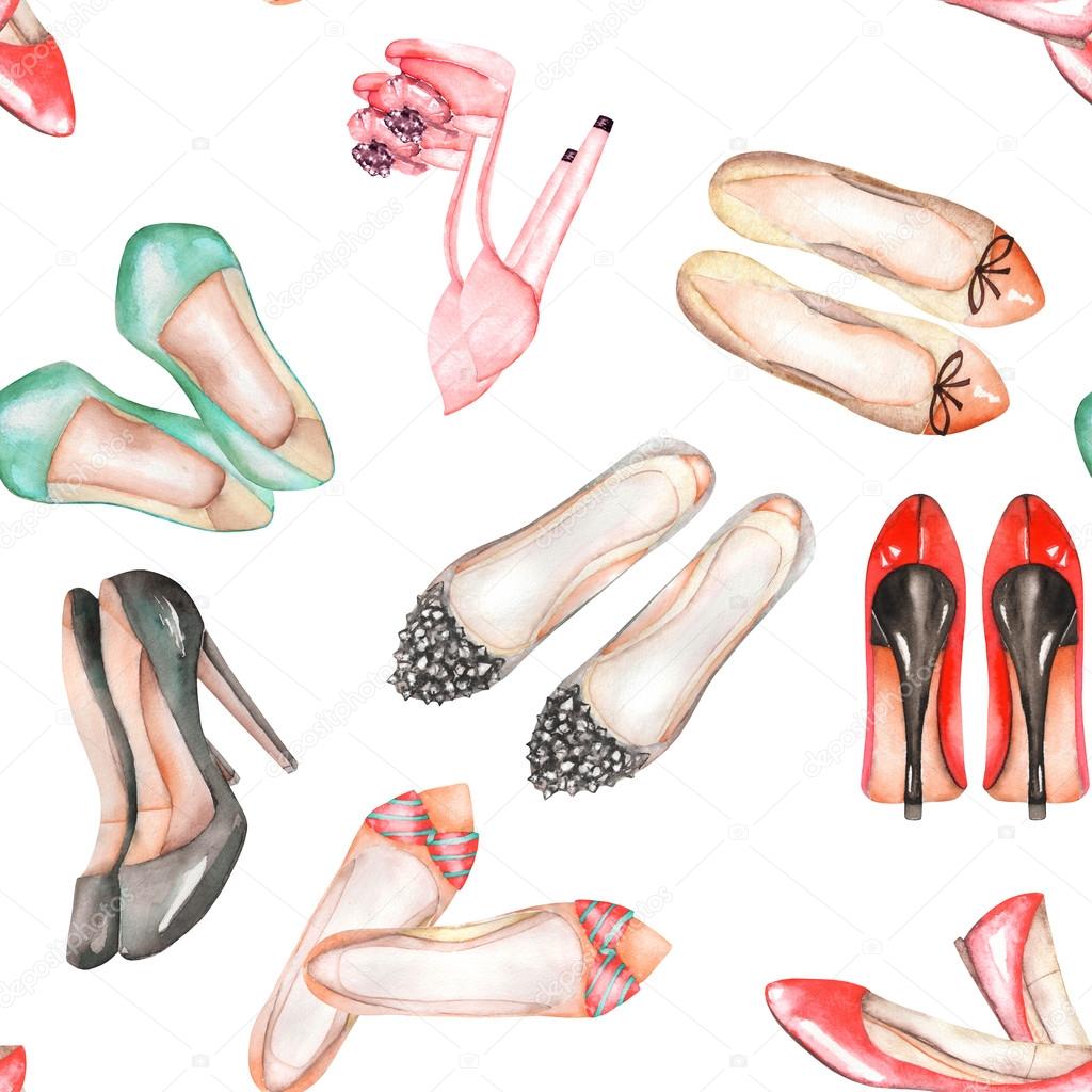 A seamless watercolor pattern with the women's summer shoes.