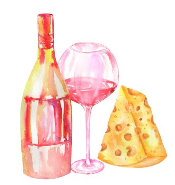 Image of the watercolor bottle of the red wine (champagne), glass with red wine, cheese. Painted hand-drawn in a watercolor on a white background.