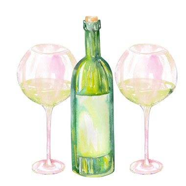 Image of the two watercolor glasses of white wine and wine bottle. Painted hand-drawn in a watercolor on a white background.
