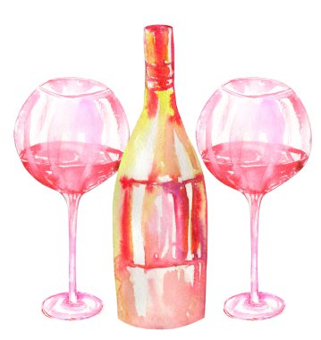 Image of the two watercolor glasses of red wine and wine (champagne) bottle. Painted hand-drawn in a watercolor on a white background.
