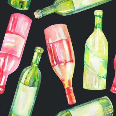 A seamless watercolor pattern with the wine bottles. Painted on a black background.