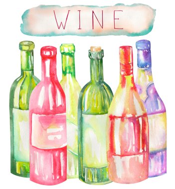 An illustration of the watercolor wine bottles. Painted hand-drawn in a watercolor on a white background.