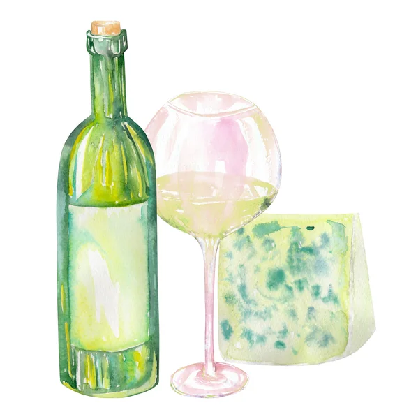 Imagen de la botella de vino acuarela, queso azul y copa de vino blanco. Pintado a mano en acuarela sobre fondo blanco . — Foto de Stock