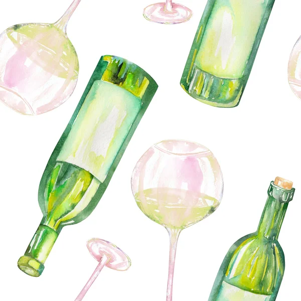 Un motif sans couture avec les verres à aquarelle de vin blanc et de bouteilles de vin. Peint à la main dans une aquarelle sur un fond blanc . — Photo