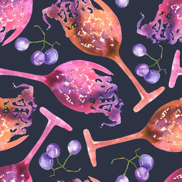 A seamless pattern with the watercolor abstract glasses of red wine and blue (violet) grape. Painted hand-drawn in a watercolor on a dark blue background. — Zdjęcie stockowe