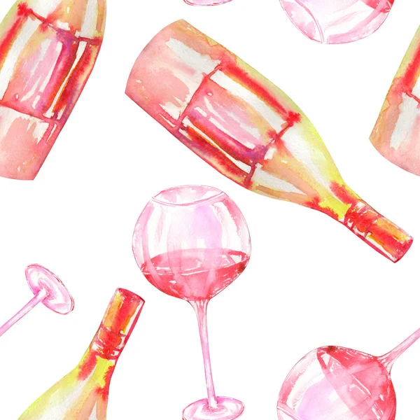 Un modello senza soluzione di continuità con i bicchieri di acquerello di vino rosso e bottiglie di vino (champagne). Dipinto disegnato a mano in acquerello su sfondo bianco . — Foto Stock