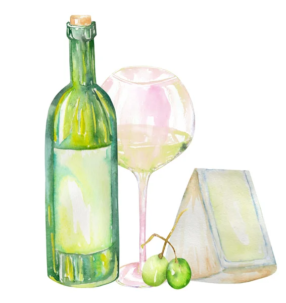 Image of the watercolor white wine bottle, glass of the white wine, Brie cheese and green grape. Painted hand-drawn in a watercolor on a white background. — Zdjęcie stockowe