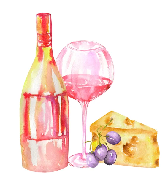 Image of the watercolor bottle of the red wine (champagne), glass with red wine, cheese and violet grape. Painted hand-drawn in a watercolor on a white background. — Zdjęcie stockowe