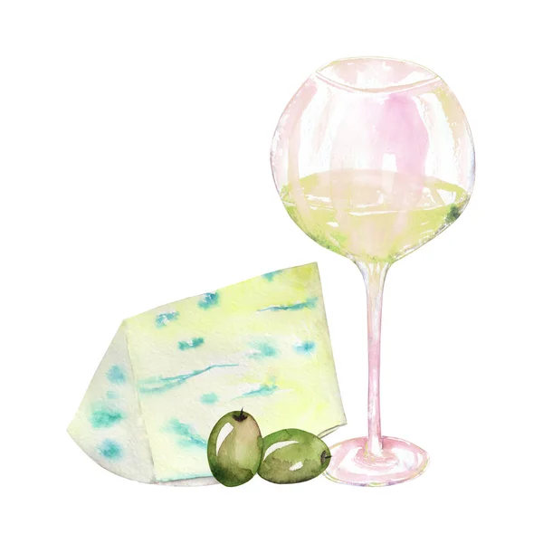 Imagem do copo aquarela com vinho branco, queijo azul e azeitonas verdes. Pintado à mão desenhado em uma aquarela em um fundo branco . — Fotografia de Stock