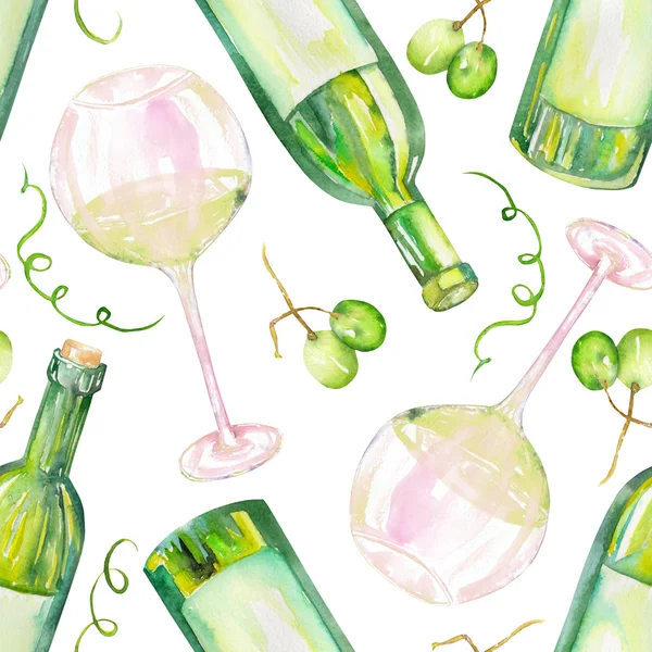 Un modello senza soluzione di continuità con i bicchieri di acquerello di vino bianco, bottiglie di vino e uva verde. Dipinto disegnato a mano in acquerello su sfondo bianco . — Foto Stock