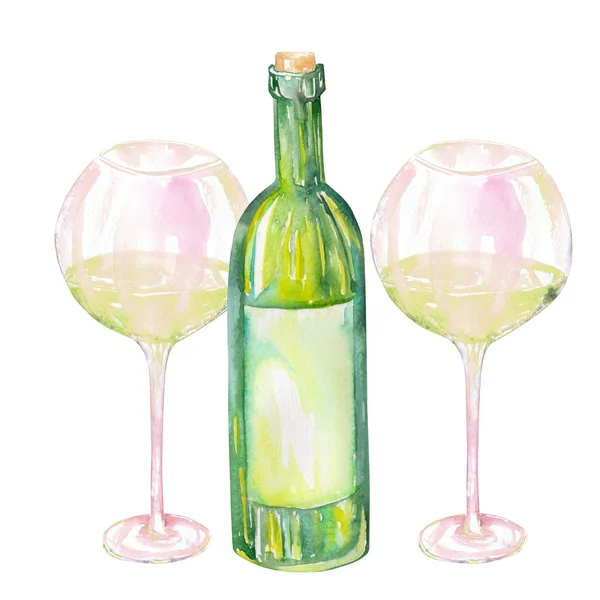 Imagem dos dois copos de aquarela de vinho branco e garrafa de vinho. Pintado à mão desenhado em uma aquarela em um fundo branco . — Fotografia de Stock