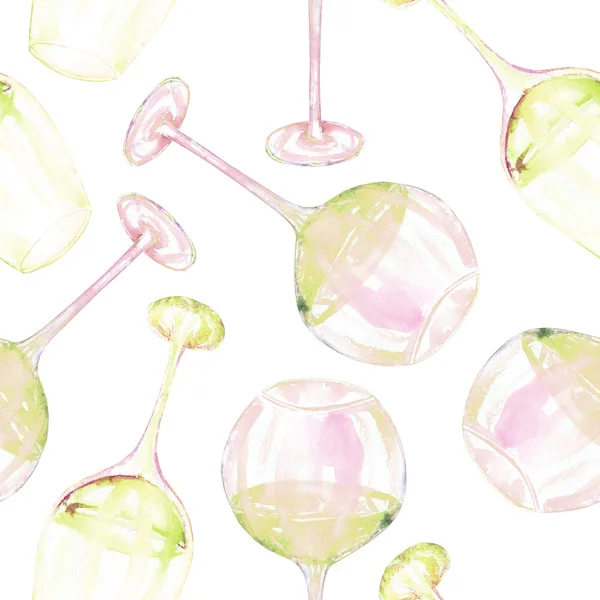 A seamless pattern with the watercolor glasses of white wine. Painted hand-drawn in a watercolor on a white background. — Stok fotoğraf