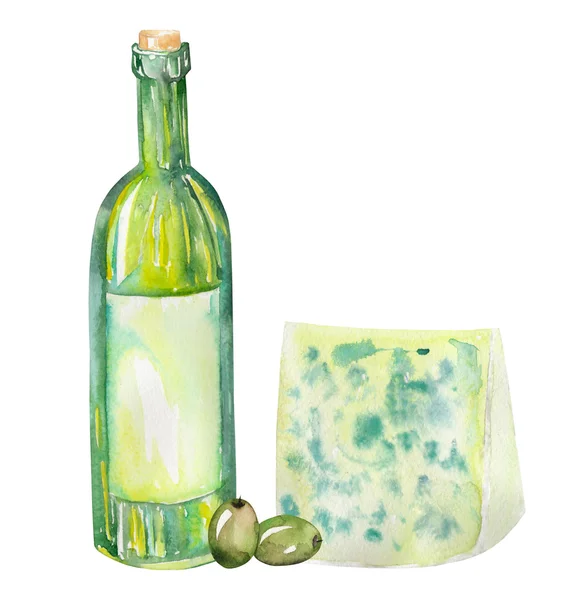 Una ilustración de la botella de vino acuarela, queso azul y aceitunas verdes. Pintado a mano en acuarela sobre fondo blanco . — Foto de Stock