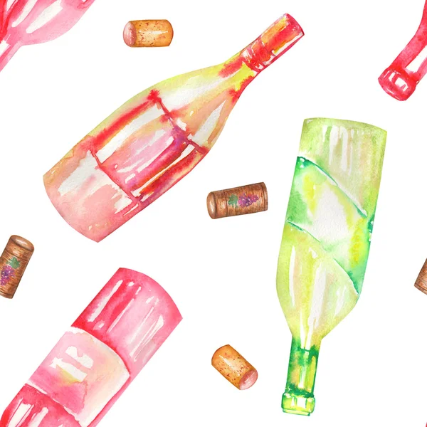 A seamless watercolor pattern with the wine (champagne) bottles and the wine corks. Painted on a white background. — ストック写真