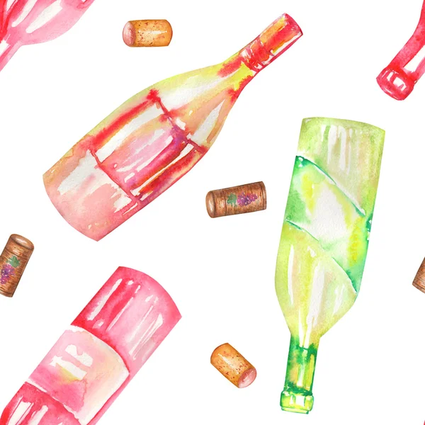 A seamless watercolor pattern with the wine (champagne) bottles and the wine corks. Painted on a white background.