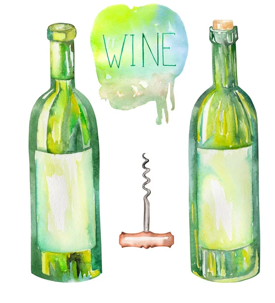 Un'illustrazione delle bottiglie di vino acquerello e un cavatappi. Dipinto disegnato a mano in acquerello su sfondo bianco . — Foto Stock