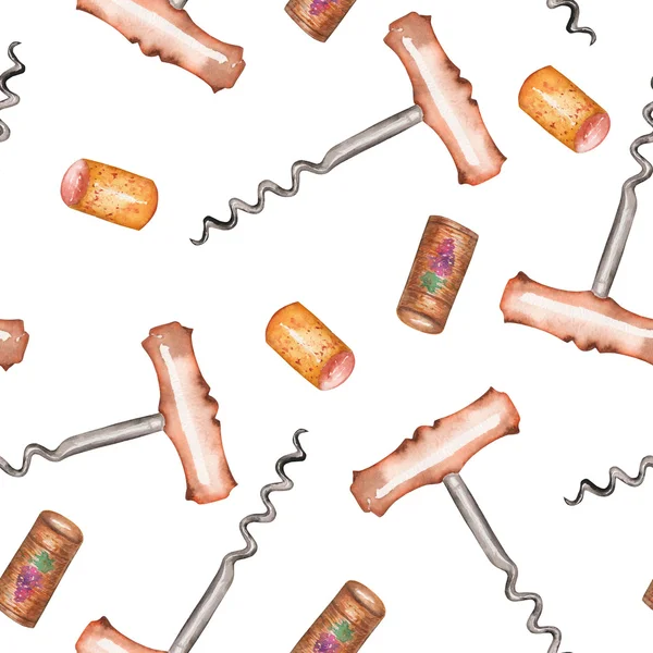 A seamless watercolor pattern with the wine elements: wine corks and a corkscrew — Stock Photo, Image