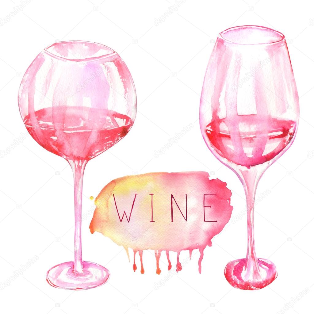 An illustration of the watercolor glasses of red wine. Painted hand-drawn in a watercolor on a white background.