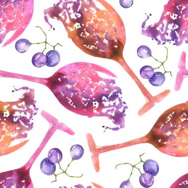 A seamless pattern with the watercolor abstract glasses of red wine and blue (violet) grape. Painted hand-drawn in a watercolor on a white background.
