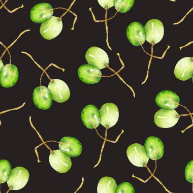 A seamless pattern with the watercolor green grapes. Painted hand-drawn in a watercolor on a black background.