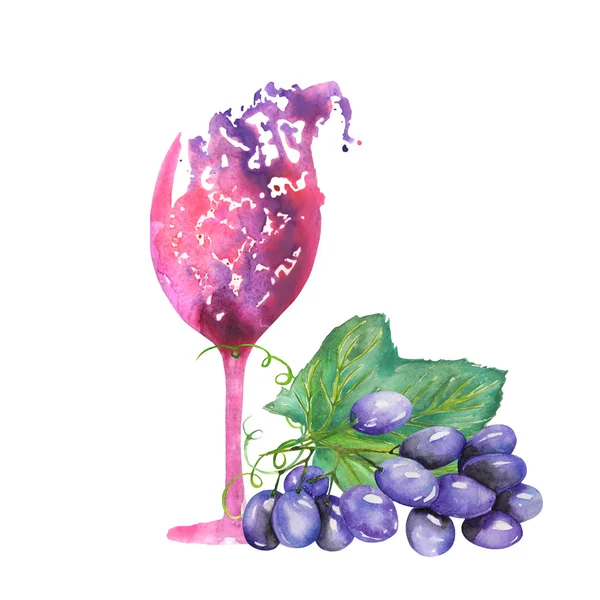 Imagen de la abstracta copa de acuarela de vino tinto y racimo de uvas azules. Pintado a mano en acuarela sobre fondo blanco . — Foto de Stock