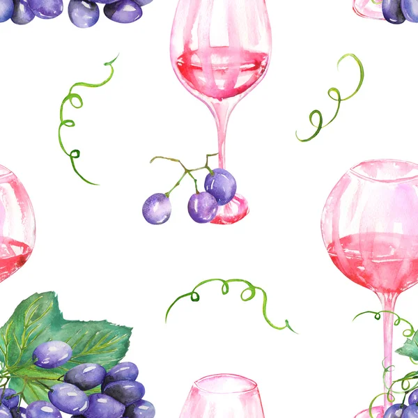 Un modello senza soluzione di continuità con i bicchieri di acquerello di vino rosso e uva blu (viola). Dipinto disegnato a mano in acquerello su sfondo bianco . — Foto Stock