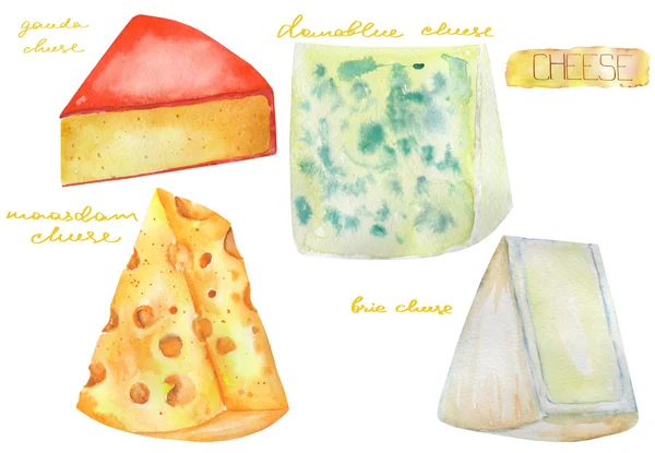 Conjunto de imagens com a aquarela de queijos holandeses e suíços, queijos franceses azuis. Pintado à mão desenhado em uma aquarela em um fundo branco . — Fotografia de Stock