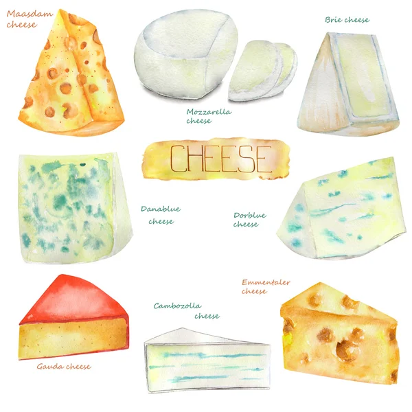 Image set with the watercolor Dutch and Swiss cheeses, blue French cheeses. Painted hand-drawn in a watercolor on a white background. — Stock fotografie