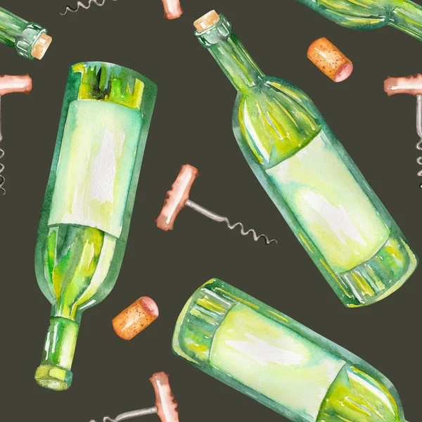 Şarap elemanları ile seamless suluboya modeli: şarap şişeleri, şarap mantarlar ve bir tirbuşon. — Stok fotoğraf