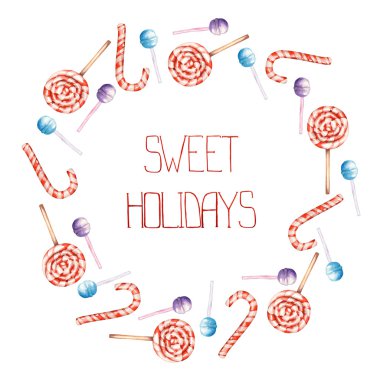 A frame border, wreath with the watercolor striped red-white lollipop and candy cane