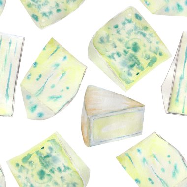 A seamless watercolor pattern with the blue cheeses. Painted on a white background.