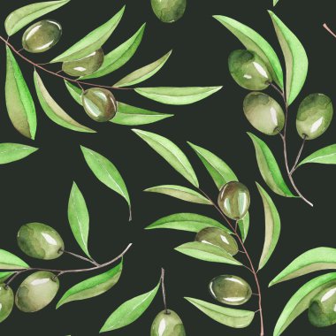 A seamless pattern with the watercolor branches of green olives on a black (dark) background