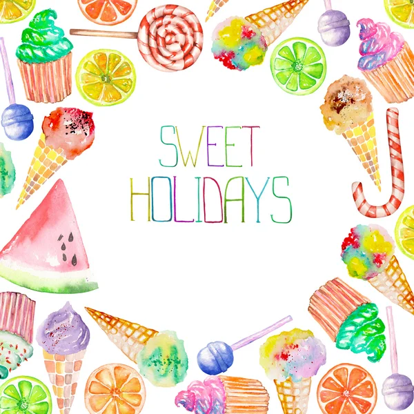 Una cornice dolce cerchio della confezione acquerello: gelato, caramelle, lecca-lecca, muffin, frutta e altro — Foto Stock