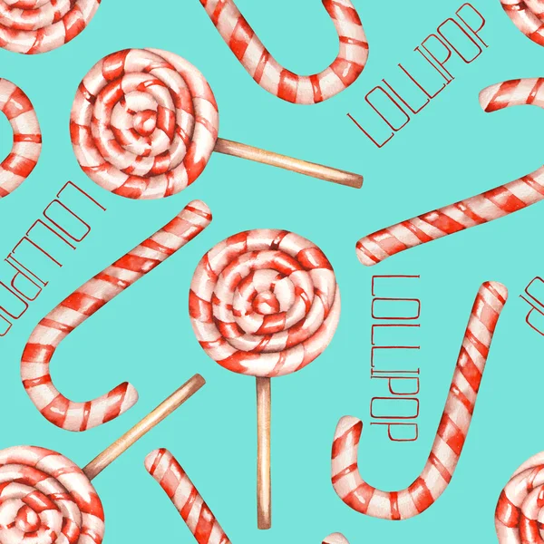 A seamless pattern with the lollipop (candy cane). Painted in a watercolor hand-drawn on a tender mint background — Stock Photo, Image