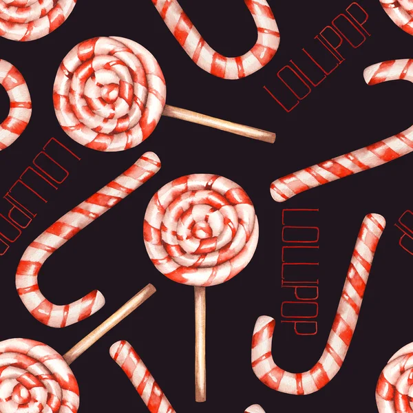 A seamless sweet pattern with the watercolor lollipop (candy cane). Painted hand-drawn on a black background — Stock Fotó