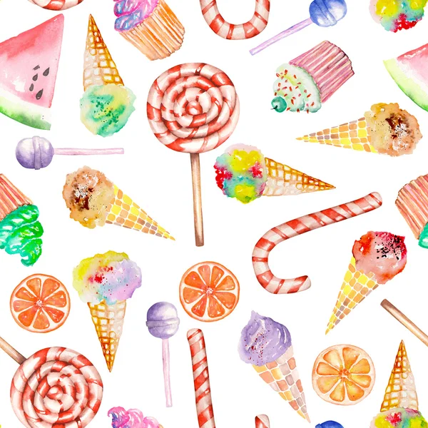A seamless sweet pattern with the watercolor lollipop, candy cane, ice cream, muffins and other. Painted hand-drawn on a white background