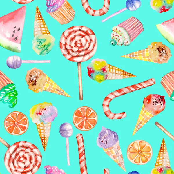 Ein nahtlos süßes Muster mit dem Aquarell-Lutscher, Zuckerrohr, Eis, Muffins und anderen. handgemalt auf türkisfarbenem Hintergrund — Stockfoto