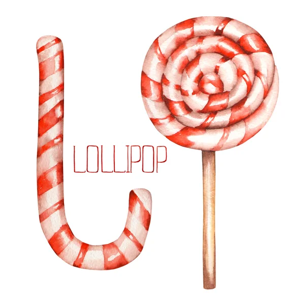 An image with the watercolor striped red-white lollipop, candy cane — Stockfoto