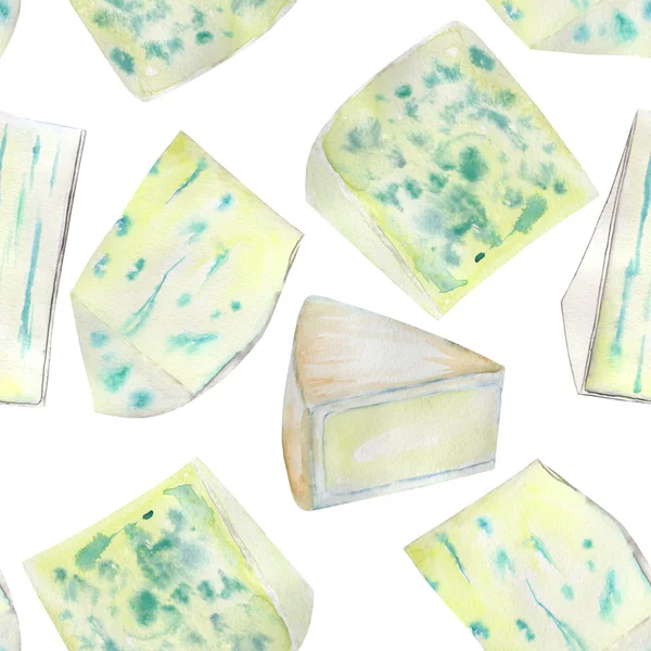 A seamless watercolor pattern with the blue cheeses. Painted on a white background. — ストック写真